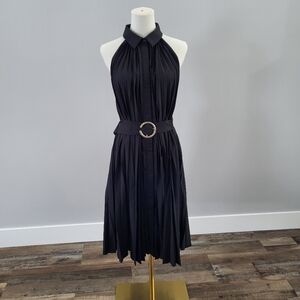 Elie Tahari Black Pleated Halter Midi Dress with Belt